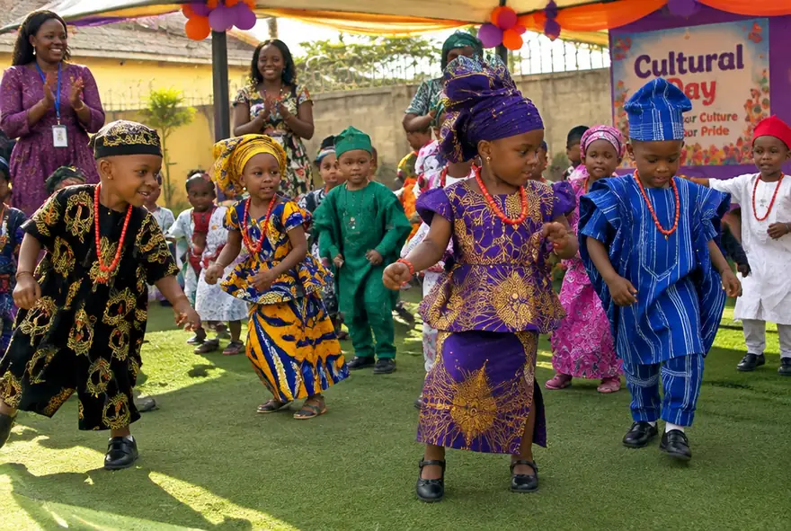 Children in colourful traditional Nigerian attire celebrating Cultural Day
