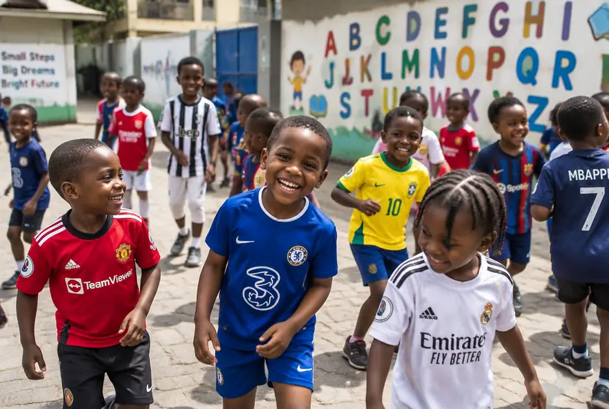 Pupils in football jerseys on Jersey Day during School Fun Week
